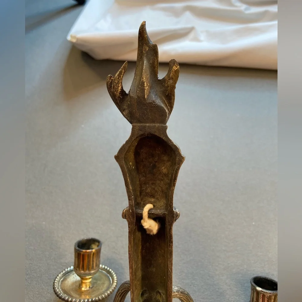 Pair Candle Wall Sconces,‎ 2 arms,Silver tone, flame on top, pine cone on bottom